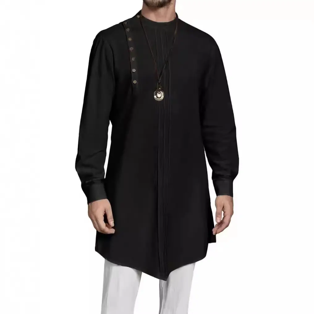 Roupas islâmicas masculinas Thawb Jubba manga longa Thobes étnicos cor sólida masculino árabe Dubai