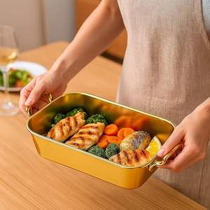 Plateau de service rectangulaire en métal doré Art Déco avec poignées, multifonctionnel pour le rangement des collations - Product Image 2