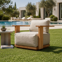 Moderner Teakholz-Sessel mit Einzigartiger Schwebender Armlehne, T-förmigem Rahmen, Gartensofa mit Dicker Beiger Polsterung für Terrasse und Poolbereich