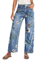 Jean ample taille basse pour femme YUANBOFEI, imprimé floral, coupe large, en denim bleu vintage