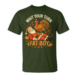 Camiseta Wait Your Turn Fat Boy con diseño de Papá Noel y pavo para el Día de Acción de Gracias - Product Image 1