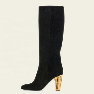 Women's Suede <b>Long</b> Boots High Chunky Cut Out Heels Square Toe Knee High Booties Straight Gold Heeled Shoes - Product Image 1
