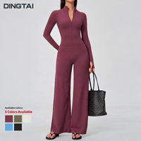 Combinaison athleisure pour femme à demi-zip, manches longues, col montant, jambes larges, passe-pouces, en nylon brossé et élasthanne, anti-humidité