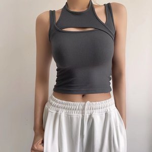 Camiseta de mujer con <span class=keywords><strong>tirantes</strong></span> ahuecados cruzados personalizados Sense Inside Match Slim Show Crop Vest para mujer - Product Image 4