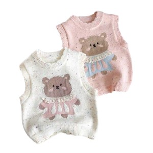 Girls Knitted Vest Cartoon <b>Bear</b> Design Spring Autumn Outerwear For Children Cotton Material <b>Pink</b> Beige Off White - Product Image 5