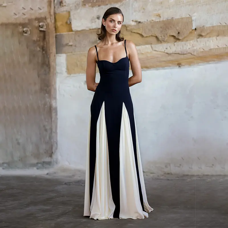 Elegant Patchwork Long Dress For Women 2024 Summer Fashion Sleeveless Backless Sexy Evening Maxi Dress