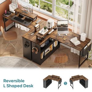 Escritorio en forma de L SENYU con superficie de madera, estructura metálica y estantería con compartimentos de almacenamiento para el hogar, la oficina o el espacio de trabajo. - Product Image 4