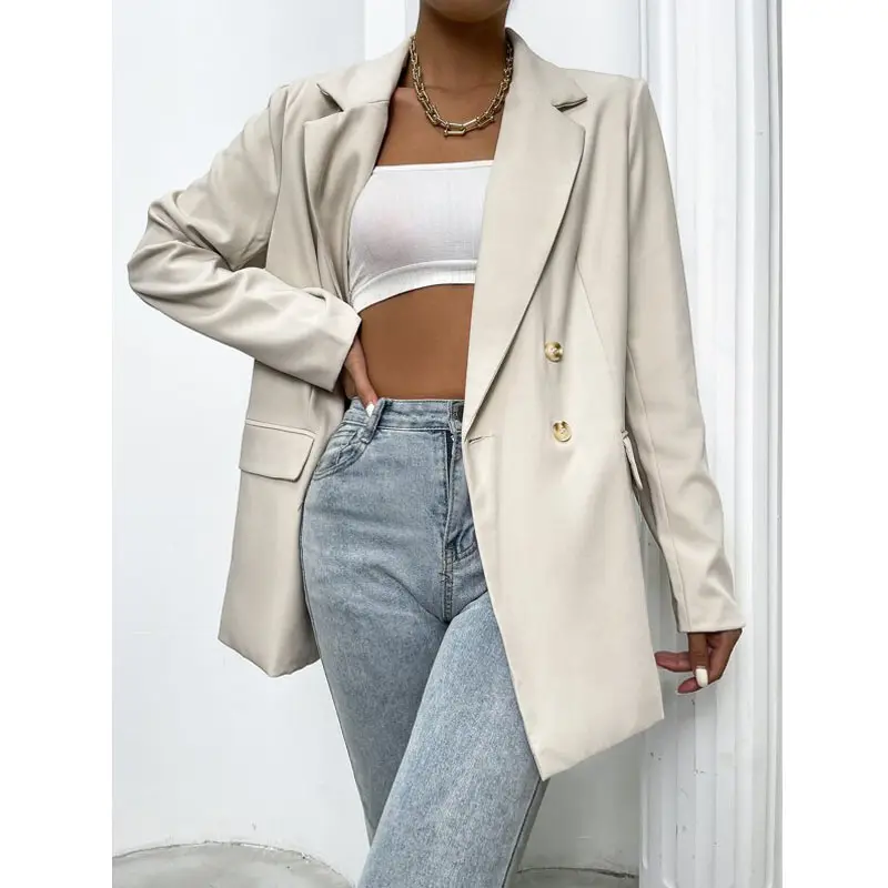Flap Detail Double Breasted Blazers Women Breasted Trim Suit Ladies Loose Casual White Coat Female