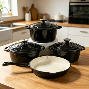 Set di 4 Pezzi Pentole in Ghisa Smaltata, Set Forno Olandese e Padella con Doppio Manico, Adatto al Forno, per <span class=keywords><strong>Cucina</strong></span> Domestica, Set Pentole OEM Ingrosso - Product Image 2