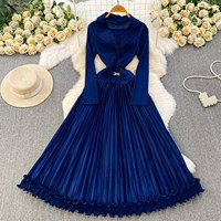 Robe élégante pour femmes, style doux, col tailleur, jupe longue plissée à volants 3D, robe élégante, robes décontractées