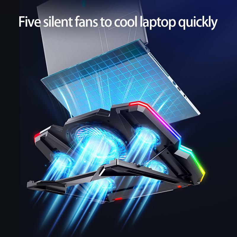 ORANGLES 5-Fan RGB Gaming Laptop Cooling Pad | Dual USB Powered Notebook Cooler, Adjustable Stand Riser for 15.6"-17" Laptops, PC Heatsink (Kuwait) - angled perspective - presenting advantages - Image 4 of 6 | fits any environment | Purchase 5-Fan RGB Gaming Laptop Cooling Pad | Dual USB Powered Notebook Cooler, Adjustable Stand Riser for 15.6"-17" Laptops, PC Heatsink (Kuwait) Michigan | Free Shipping ORANGLES