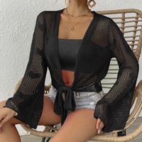 Einheitsgröße Damen Strick-Cardigan mit Schleifenärmeln und Trompetenärmeln, gewebter Pullover als Bikini-Überwurf