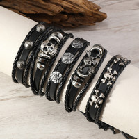 Lot de 5 bracelets punk tendance en alliage avec crânes pour hommes, bracelet en cuir gothique, bijoux d'Halloween