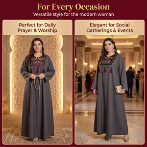 Vestido largo islámico bordado en color carbón con detalle de borlas - Product Image 4