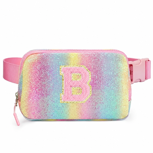 Linda Riñonera Arcoíris Brillante con Inicial Personalizada y Parche de Chenilla, Riñonera de Festival, Bolsa de Cintura de Viaje para Niñas, Estilo Boutique - Product Image 1
