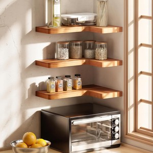 Wooden Wall Mounted <b>Rack</b> Three Tier Kitchen Spice Storage <b>Shelf</b> Brown Solid Wood Display <b>Rack</b> For Counter Corner Use - Product Image 1