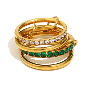 18K Gold Plated Stainless Steel Multi Layer Linked Emerald Clear Zircon Stackable <b>Statement</b> <b>Ring</b> For Women Daily Jewelry - Product Image 1