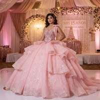 Robe de Quinceañera rose poudré Mct024 avec nœud, strass, corset, volants superposés, robe de bal de princesse, robe de fête pour les 15 ans, Jancember