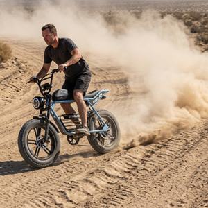 Vélo électrique tout-terrain à pneus larges de 20 pouces, prêt pour la piste désertique, avec suspension avant, idéal pour la conduite sur routes poussièreuses et terrains secs. - Product Image 4