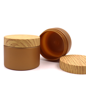 Matte Gold And Black <strong>PET</strong> Wide Mouth <strong>Cosmetic</strong> Jars With Wood Grain Lid 100ml To 4oz Capacity For Skin Care