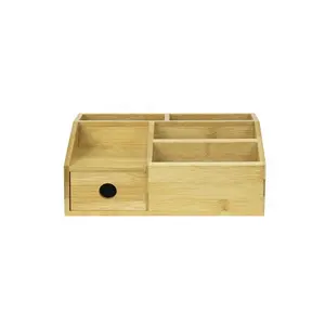 Bamboo Multi-functional Desktop File Organizer with Drawer, 4 Compartments Storage Caddy for Home Office Supplies