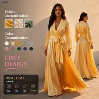 Robe longue d'été décontractée pour femme, personnalisée, en satin, mousseline et polyester, élégante et sexy, à col en V, avec ceinture à nouer à la taille, manches longues et fente avant, fluide
