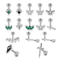 Clous de labret à dos plat personnalisés en acier inoxydable chirurgical 316L, boucles d'oreilles de piercing multi-zircones pour cartilage et tragus, vente en gros en stock