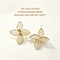 Boucles d'oreilles clous bohèmes en forme de feuille ajourée, plaqué or 14 carats, travail de filigrane complexe, pour la mode féminine, sélection de bijoux assortis au quotidien