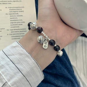 S925 Sterling Silver Garnet Smiley Face Bell <b>Bracelet</b> Elastic <b>Rope</b> Unisex Jewelry Gift - Product Image 1