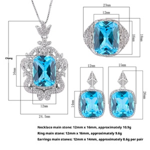 Vintage Eco-friendly Copper Full Diamond Jewelry <b>Set</b> 12*16/12*14mm Blue Cubic Zirconia Pendant and <b>Earring</b> Ring <b>Set</b> - Product Image 2