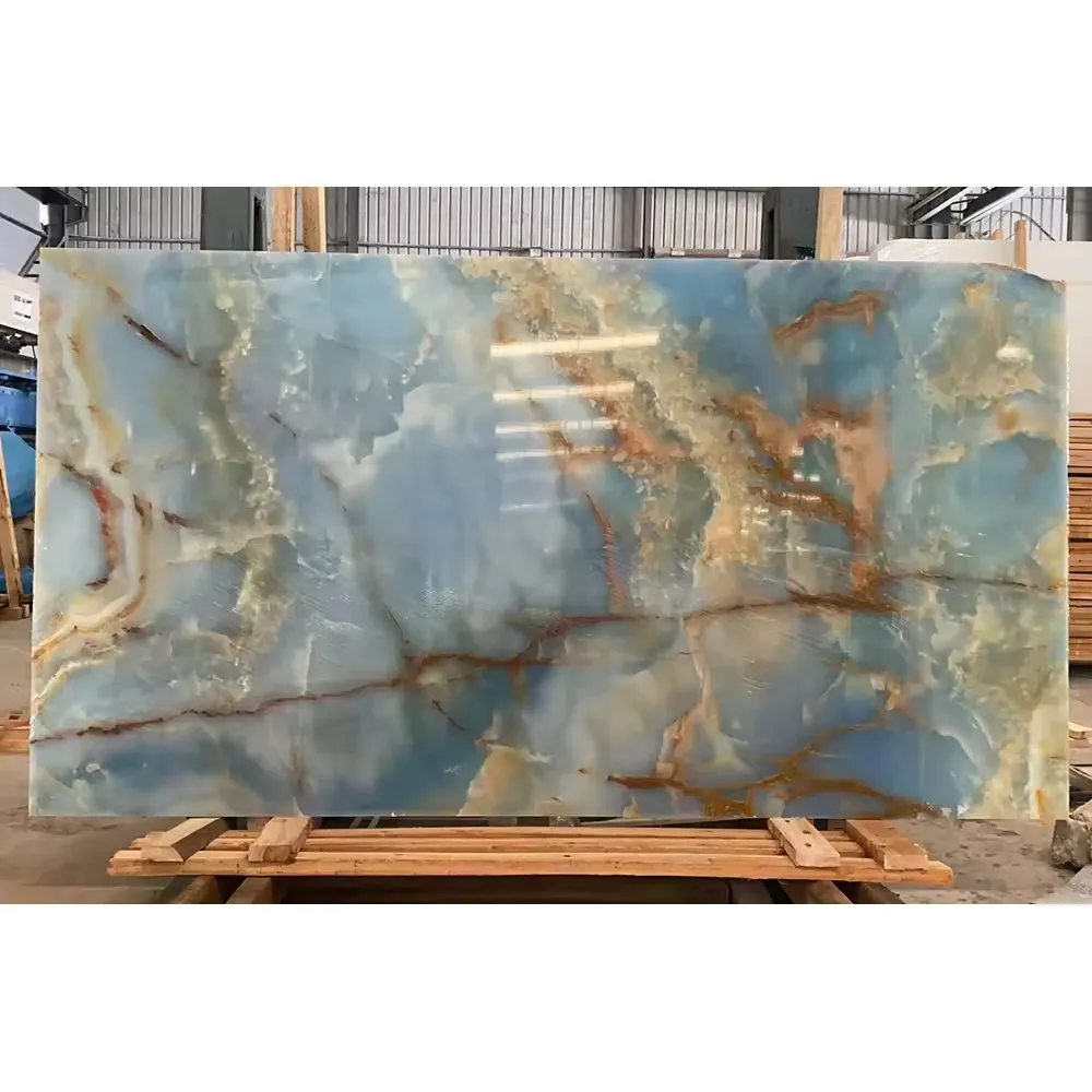 Keluaran baru dekorasi rumah batu marmer Aurora biru onyx transparan asli batu untuk ubin lantai dan dinding