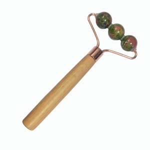 3-Round Bead Green Stone Facial Roller - Solid Wooden Handled <b>Massager</b> with Rose Gold Bracket Unique Contour <b>Tool</b> for Skincare - Product Image 5