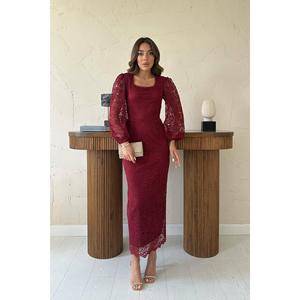 Robe fourreau en dentelle guipure bordeaux, dos nu, avec superposition transparente, robe de soirée à taille naturelle - Product Image 4