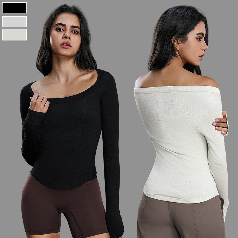 WholesaleModal Fabric Soft Nude Feeling Fitness Wear Large Neckline Slim Fit Breathable Long Sleeved Yoga Top T-Shirt