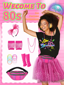 <strong>80s</strong> Women's Cosplay Costume Set with T-Shirt Print Leggings and <strong>Skirts</strong> Includes Accessories for Theme Party - Product Image 2