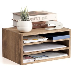 Wooden Desktop <b>File</b> Organizer 3 Tier Dark Brown Office Desk <b>Storage</b> Rack For Books And Stationery - Product Image 1