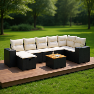 Conjunto de Sofás Modulares de Jardín en Ratán Sintético Crema, Muebles de Exterior Negros con Cojines de Espuma de Alta Densidad, Diseño Contemporáneo - Product Image 2
