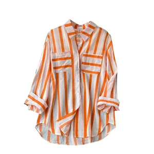 New 2023 Wholesale Spring and Autumn Striped Korean Style Casual Long Sleeve Lapel Fashion Women's Blouses and Shirts
