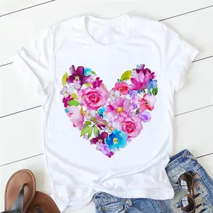 women polyester rose heart t shirt short sleeve white flower butterfly heart print t shirts