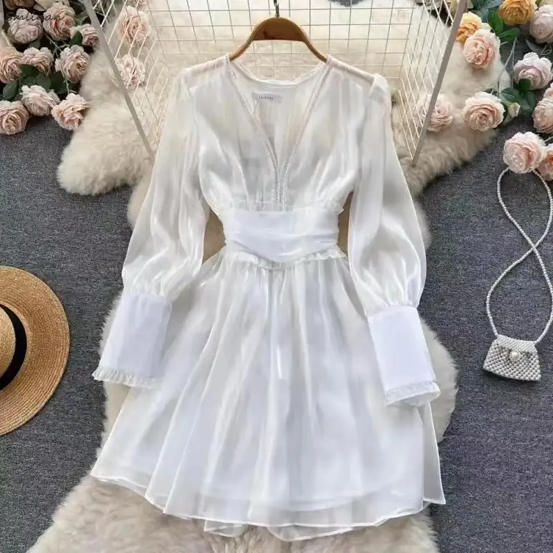 High Quality New Design Girly Women Casual Casual Elegant White Dress Multi layer Lace V Neck Knee Length Long Sleeve Dress