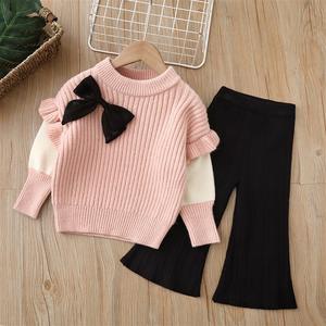 Completo casual due pezzi per <span class=keywords><strong>bambina</strong></span> Autunno Inverno 2026, 100% cotone, maglione con motivo a tinta unita, <span class=keywords><strong>giacca</strong></span> in maglia con scollo e maglia intima, taglia 3 - Product Image 3