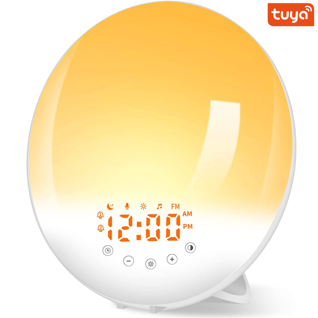 Tuya Smart WiFi Wake up Light Sunrise Alarm Clock  7 Colors Sunrise/Sunset FM Radio Digital Nightlight for Alexa Google Home