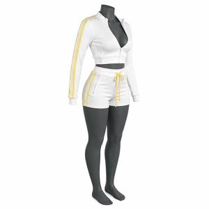 Ensemble deux pièces OEM personnalisé avec logo pour femme : survêtement, tenue <span class=keywords><strong>de</strong></span> détente, <span class=keywords><strong>haut</strong></span> court zippé à rayures et short à cordon <span class=keywords><strong>de</strong></span> serrage pour l'entraînement et le <span class=keywords><strong>jogging</strong></span> - Product Image 5
