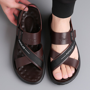 Sandales en cuir véritable à brides croisées pour hommes, semelle en caoutchouc antidérapante, décontractées, été, bout ouvert, boucle, semelle épaisse - Product Image 2