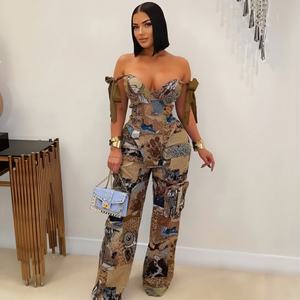 Mono de mujer con estampado de pintura al óleo, hombros descubiertos, pierna ancha, elástico de spandex, pantalón largo, conjunto casual de moda - Product Image 3