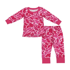 2024 New Arrival Hot Sale Baby Girls Hot Pink Color Camo Long Sleeve Top and Pants Clothes Set Kids Girls Pajama Set