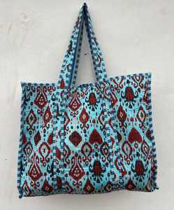 Bolsa de Mano Acolchada de Algodón con Estampado de Bloques, Multiusos, para Trabajo, Viajes, Compras, Bolso de Hombro - Product Image 1