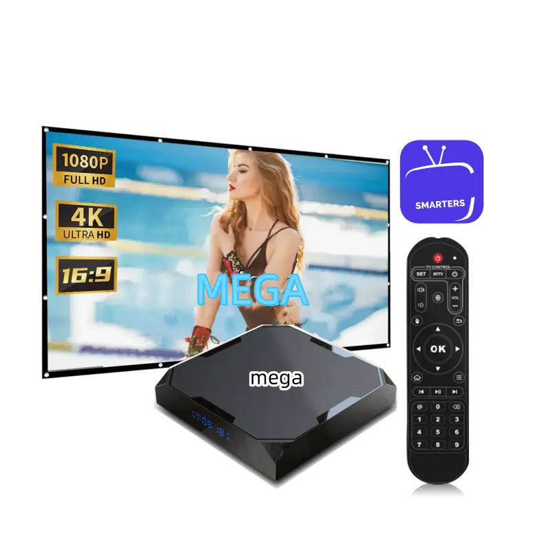 Neueste MEGA OTT IPTV Set-Top-Box 4 k Liste kostenloser Test Android TV Xtream API Smarters Pro TV Box