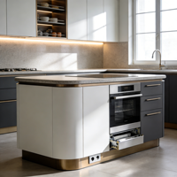 Meubles de cuisine de luxe minimalistes avec accents dorés, lave-vaisselle intégré et éclairage d'ambiance sous l'îlot
