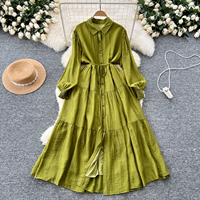 Robes chemises décontractées vintage à manches longues pour femmes, robe midi ample à taille nouée et à volants pour le printemps et l'automne